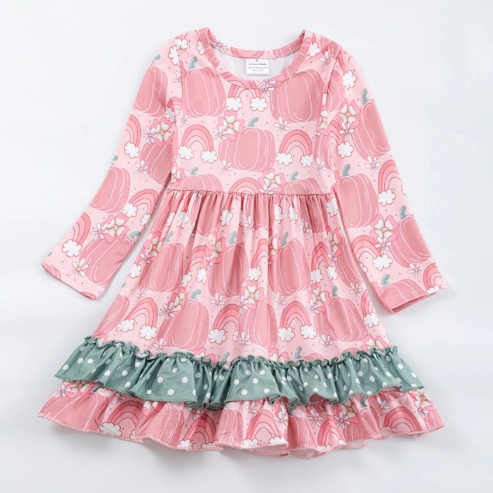 Pumpkin Rainbow Girls Long Sleeve Pink Ruffle Dress